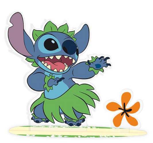 Image of a Stitch acrylic stand featuring the character from 'Lilo & Stitch'. Stitch is shown in a joyful pose, wearing a green hula skirt and leaf accessories, dancing with a big smile. Next to him is an orange flower with a black centre. The stand is designed as a decorative collectible.
