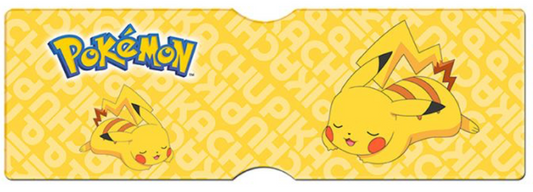 Image of a Pokémon-themed card holder with a yellow background. The design features two illustrations of Pikachu sleeping, one large and one small. The background is filled with the word 'PIKACHU' in a repeated pattern, and the Pokémon logo is displayed prominently in blue and yellow at the top left.