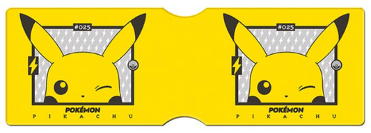 Image of a Pokémon-themed card holder design featuring Pikachu. The card holder is bright yellow with two identical images of Pikachu winking, each placed within a grey and black outlined square. Above each Pikachu image, the text '#025' is displayed, referring to Pikachu's Pokédex number. The background of each square has a pattern of white lightning bolts, and on either side of Pikachu's face, there is a lightning bolt symbol. Below the images, the words 'POKÉMON' and 'PIKACHU' are printed in black.