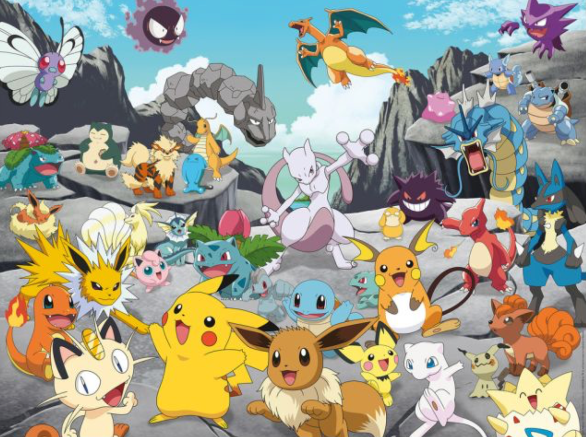 Illustration featuring a diverse group of Pokémon characters gathered on a rocky terrain with a bright blue sky and clouds in the background. Prominent Pokémon include Pikachu, Eevee, Charizard, Mewtwo, Gyarados, Onix, Snorlax, and many others. They appear in various poses, with some flying, standing, or interacting with each other. The scene is vibrant and lively, showcasing a wide variety of Pokémon species in one image.