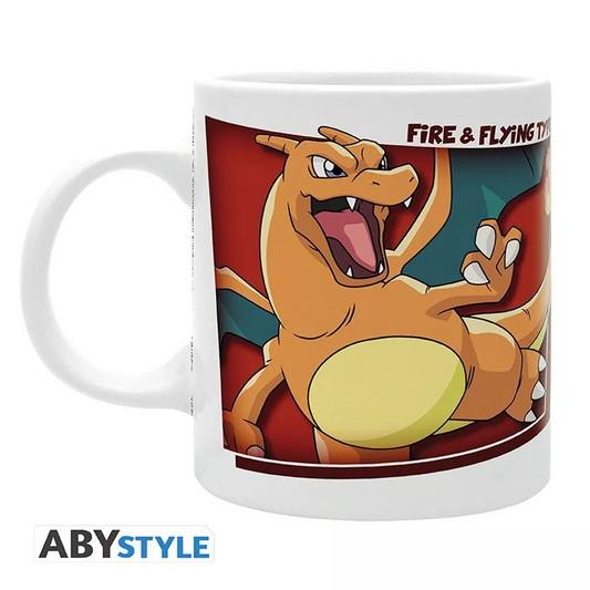Image of a white ceramic mug featuring an illustration of Charizard, a large orange dragon-like Pokémon with green wings and a yellow belly. Charizard is shown in a dynamic pose with its mouth open, as if roaring. The background is red, and the text 'Fire & Flying Type' is partially visible at the top of the mug. The mug is branded with the ABYstyle logo in the corner.
