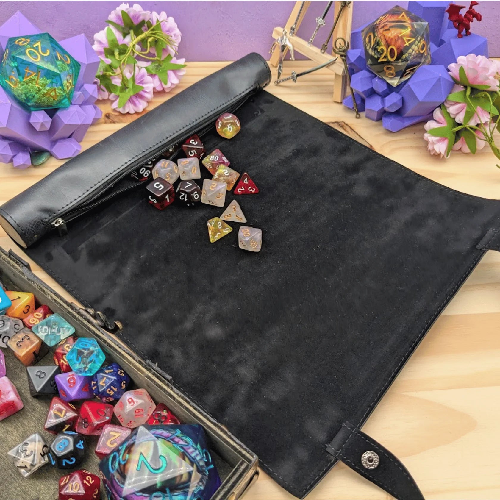 Mystery Dice Goblin: PU Leather Scroll Dice Tray/Bag - Black