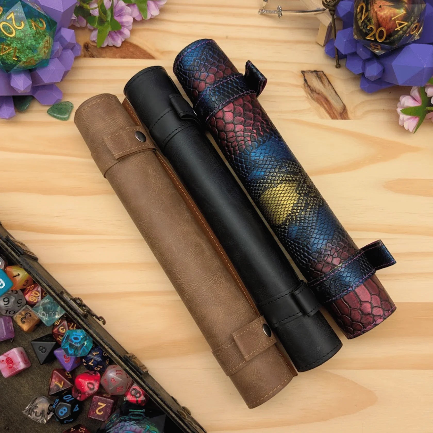 Mystery Dice Goblin: PU Leather Scroll Dice Tray/Bag - Brown