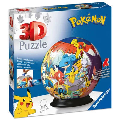 Image of a Ravensburger Pokémon 3D Puzzle box featuring a spherical puzzle with various Pokémon characters. The front of the box shows an assembled globe puzzle displaying characters like Pikachu, Charizard, Blastoise, and others in vibrant colors. The puzzle has a diameter of 12 cm (4.7 inches) and is shown mounted on a black stand. The packaging includes the Pokémon logo in the top right corner and a yellow Pikachu illustration in the bottom left corner. The text '3D Puzzle' is prominently displayed in la