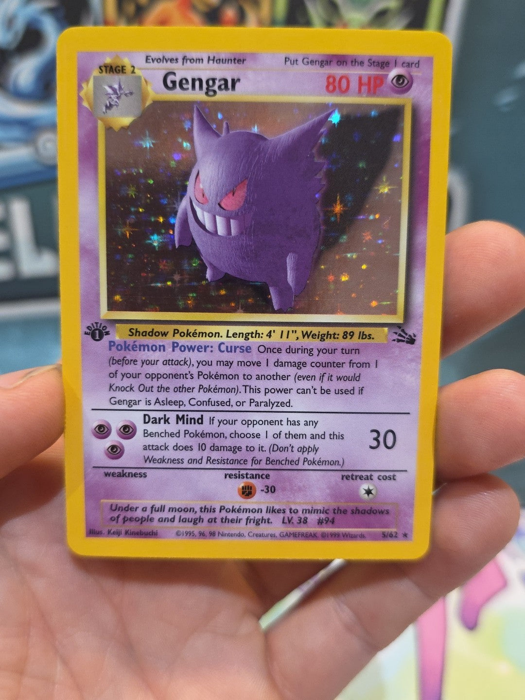 Pokemon TCG WOTC 1999 Fossil Set: Gengar 5/62 1st Edition Holo Rare - LP/NM