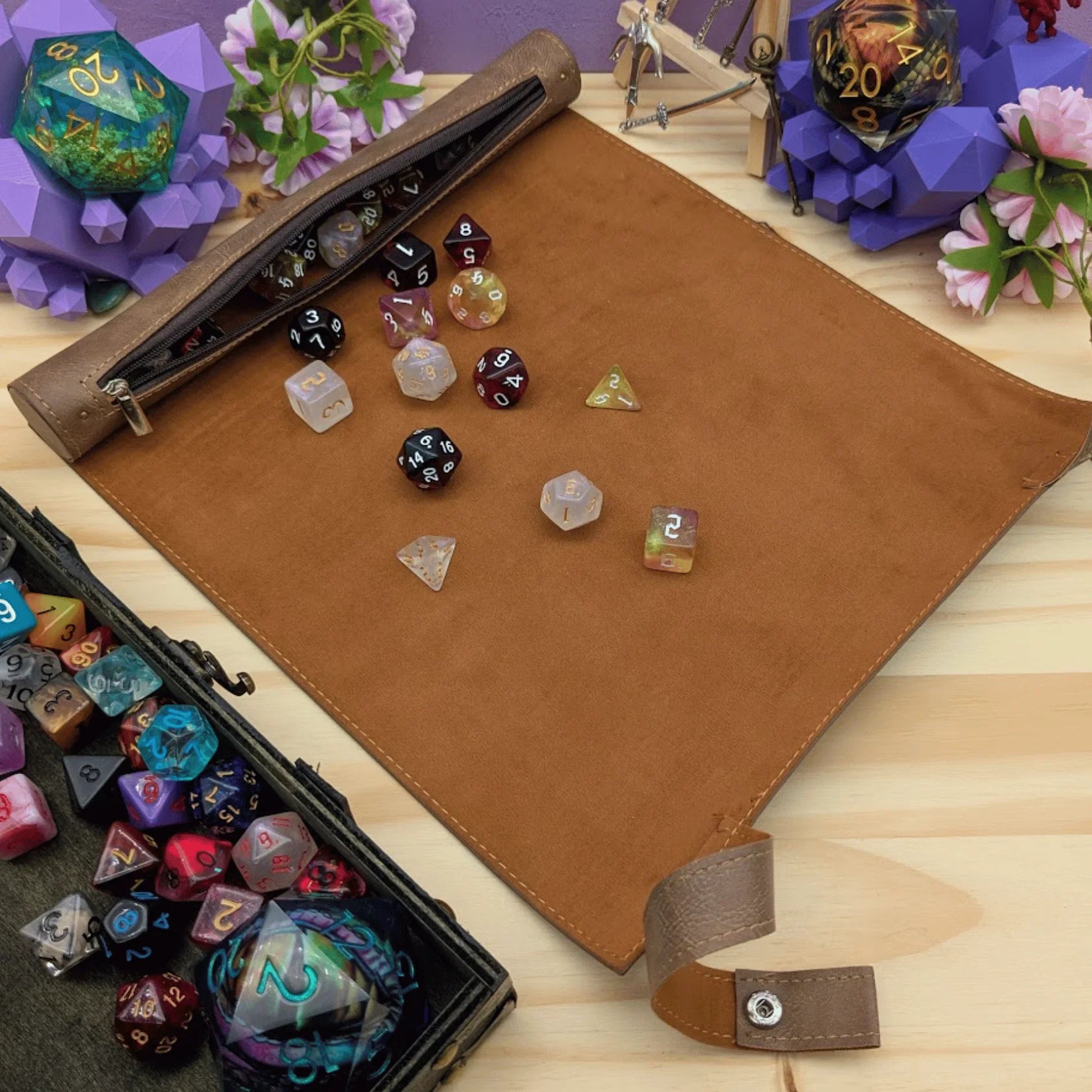 Mystery Dice Goblin: PU Leather Scroll Dice Tray/Bag - Brown