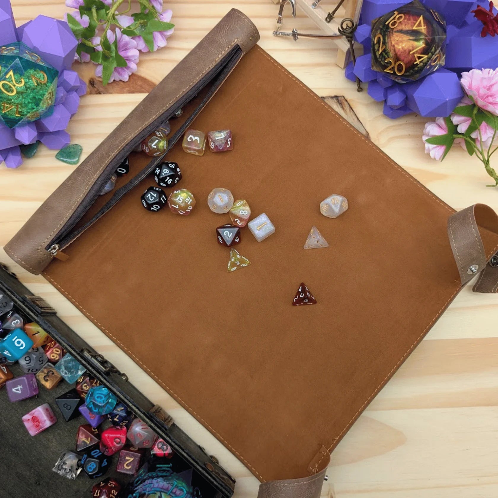 Mystery Dice Goblin: PU Leather Scroll Dice Tray/Bag - Brown