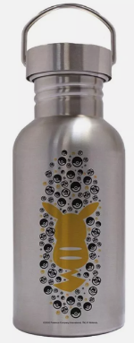 A metal bottle with a pikachu with its back towards the viewer