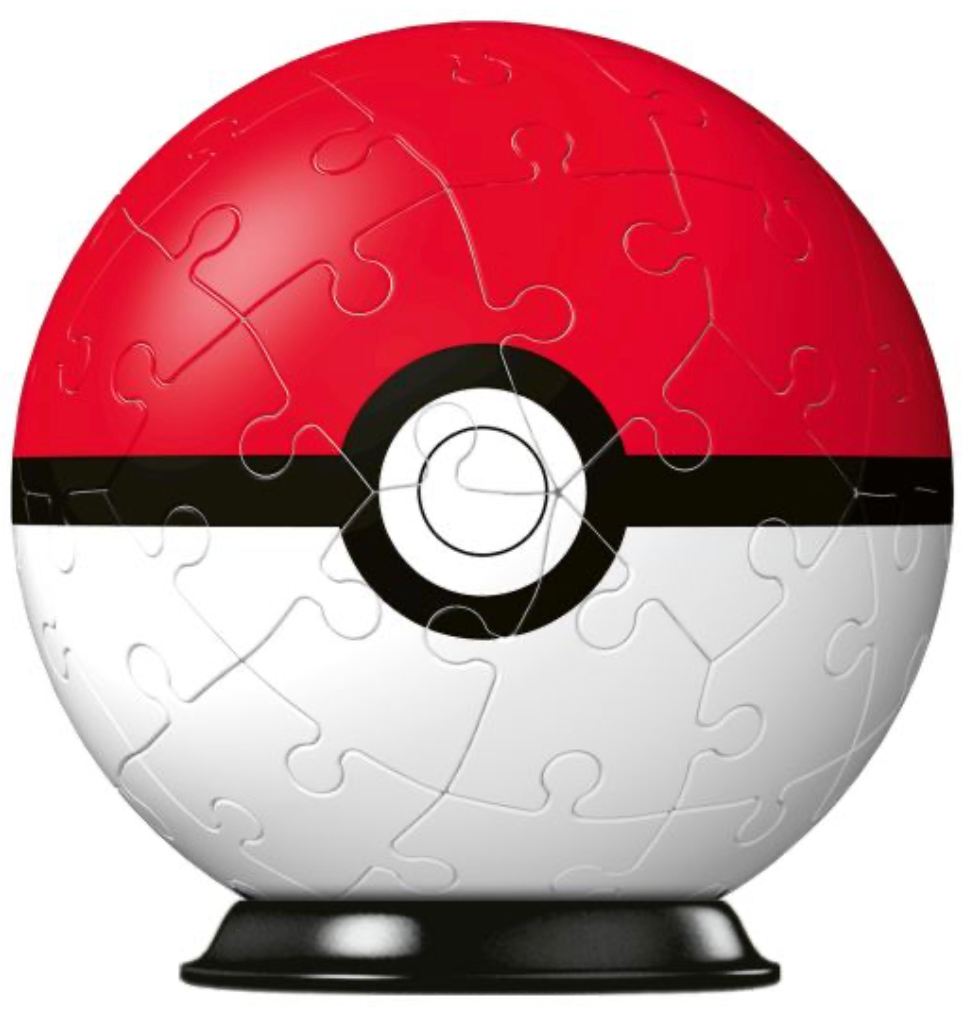 Close-up image of a completed Pokémon 3D puzzle sphere designed to resemble a classic Poké Ball. The sphere features a red top half, a white bottom half, and a black band running horizontally around the middle, along with a circular emblem in the centre. The puzzle pieces are intricately assembled to form the iconic Poké Ball design, and the sphere is mounted on a black stand.