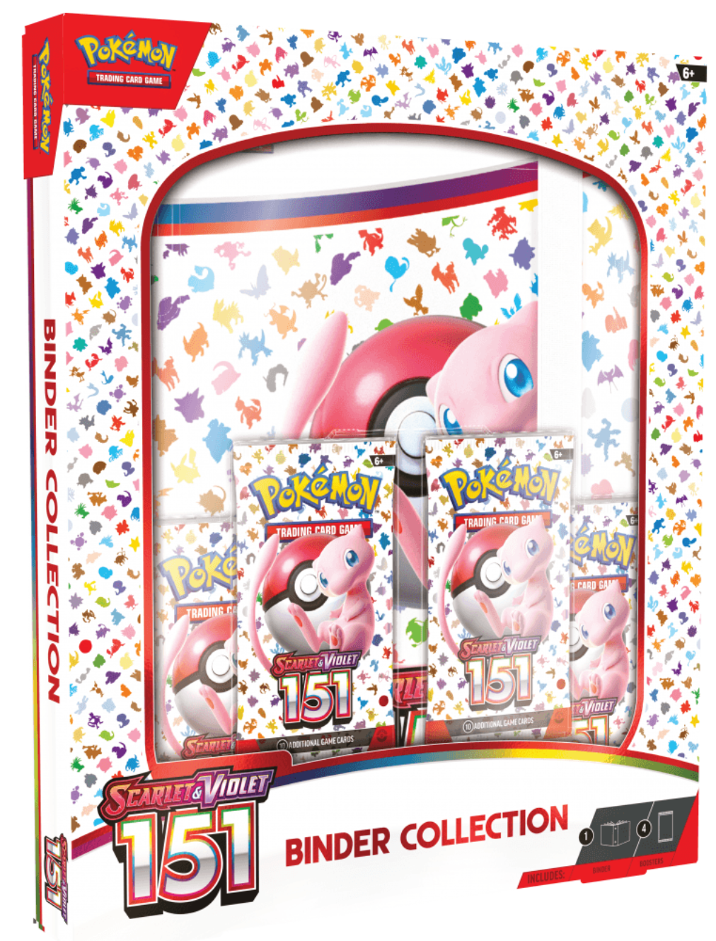 Image of a Pokémon Trading Card Game 'Scarlet & Violet 151' Binder Collection box. The packaging features a colorful design with silhouettes of various Pokémon in different colors scattered across the white background. In the center, there is an image of Mew, a pink, cat-like Pokémon, along with a large Poké Ball. The box includes several packs of trading cards, prominently displaying Mew on the front. The product is labeled for ages 6 and up, and the bottom of the box includes the text 'Scarlet & Violet 15