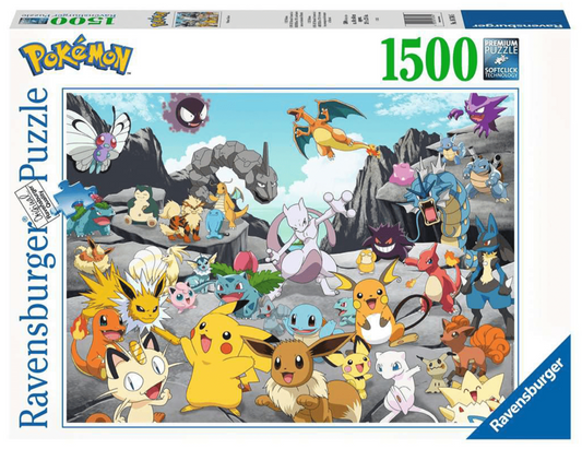 Image of a 1500-piece Ravensburger puzzle box featuring a large group of Pokémon characters. The front of the puzzle box shows an illustration of various Pokémon, including Pikachu, Eevee, Charizard, Mewtwo, Onix, Gyarados, Snorlax, and many others, set against a rocky landscape with a blue sky and clouds. The Pokémon logo is displayed in the top left corner, and the top right corner indicates the puzzle count and mentions 'Softclick Technology.' The Ravensburger logo is visible on the side of the box.