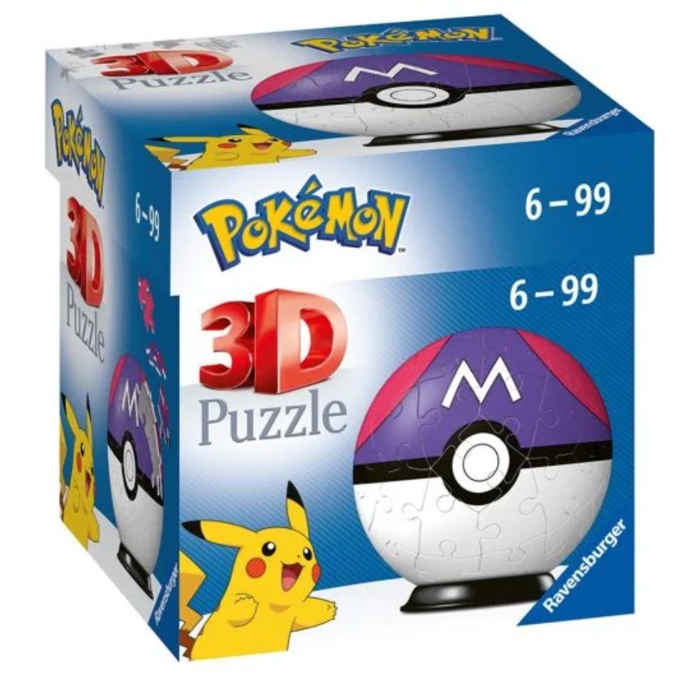Image of a Pokémon-themed 3D puzzle box featuring a design resembling a Master Ball. The box displays the Pokémon logo and the text '3D Puzzle' in large letters, with a picture of a completed Master Ball puzzle. The ball features the signature purple and white color scheme with a black horizontal band and a white 'M' on top. A Pikachu illustration is shown on the front of the box. The box indicates the puzzle is suitable for ages 6 to 99.