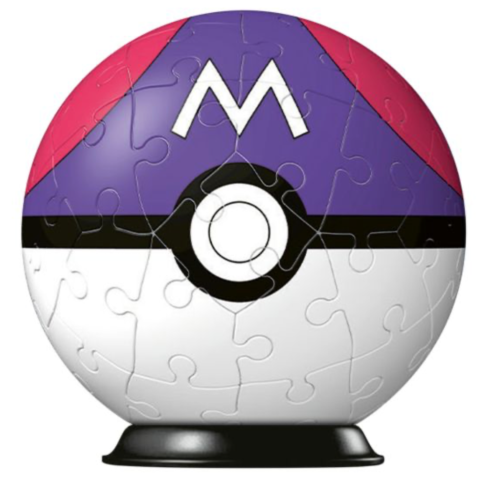 Close-up image of a completed Pokémon 3D puzzle sphere designed to resemble a Master Ball. The sphere showcases a purple top half with a white 'M' symbol, a white bottom half, and a black band running horizontally around the middle, mimicking the classic design of a Master Ball. The puzzle is mounted on a black stand, highlighting the assembled pieces.