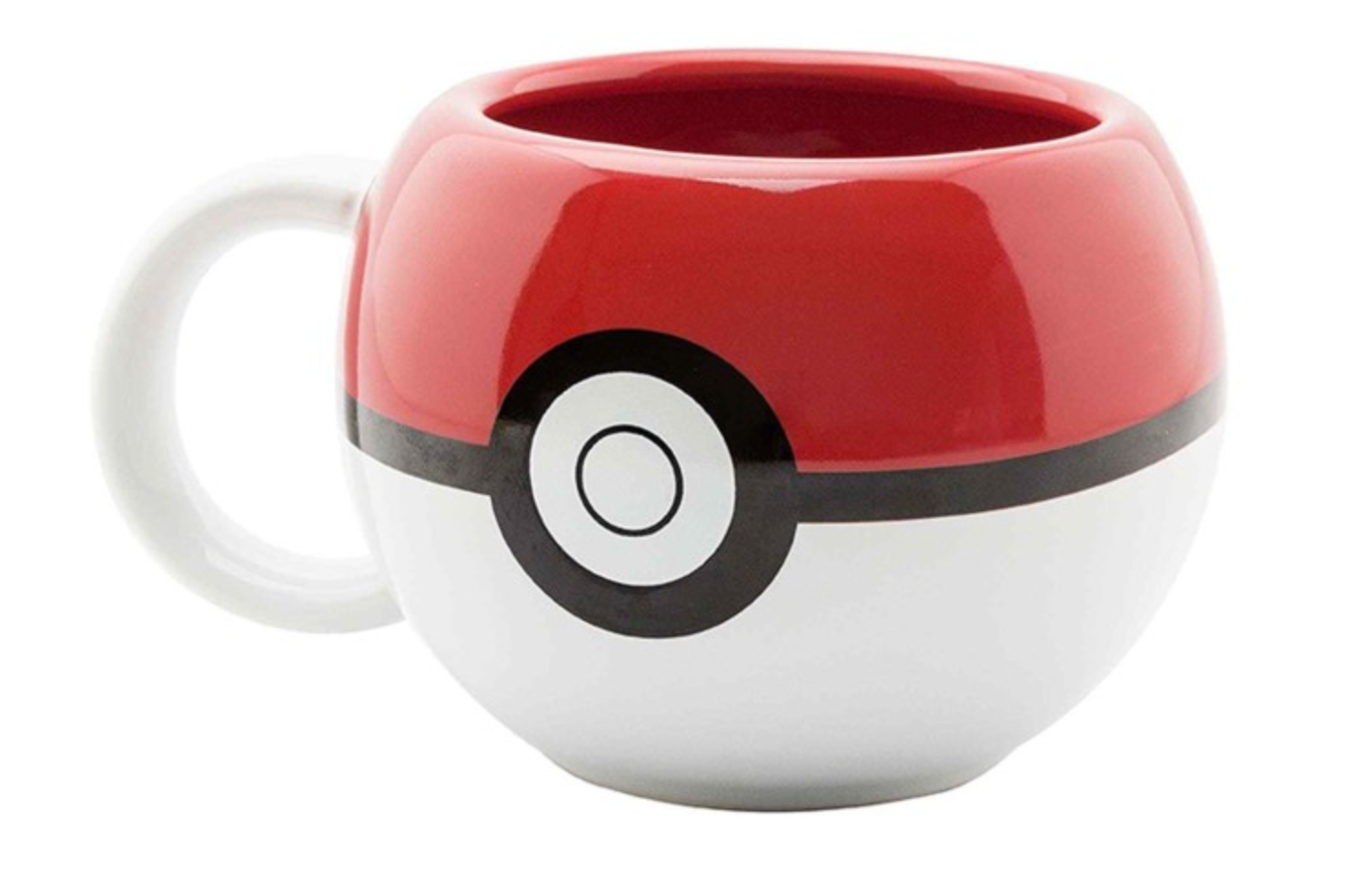 Image of a ceramic mug designed to resemble a classic Poké Ball from the Pokémon series. The mug features a rounded shape with a red top half, a white bottom half, and a black horizontal band around the middle, with a white circle outlined in black in the centre, mimicking the iconic design of a Poké Ball. The handle of the mug is plain white.