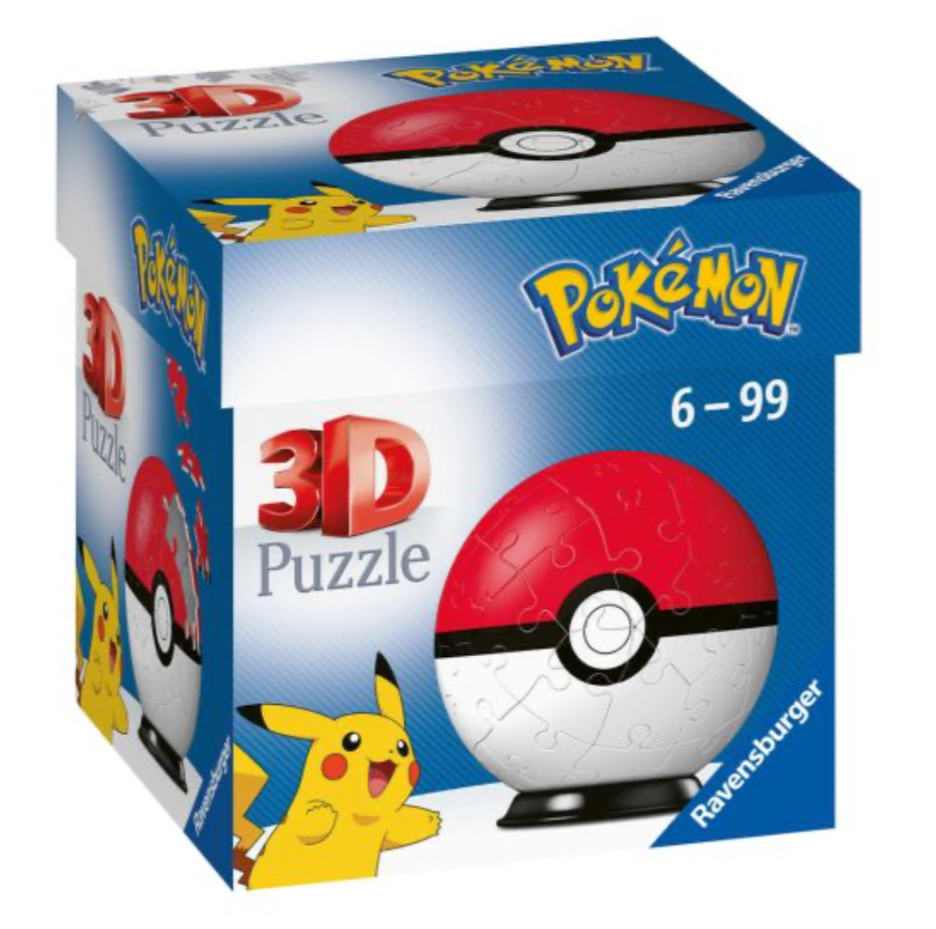 Image of a Pokémon-themed 3D puzzle box featuring a design resembling a classic Poké Ball. The box shows the Pokémon logo and the text '3D Puzzle' in large letters, along with a picture of the completed Poké Ball puzzle. The ball has a red top half, a white bottom half, and a black horizontal band around the middle. A Pikachu illustration is visible on the front of the box. The packaging indicates that the puzzle is suitable for ages 6 to 99.