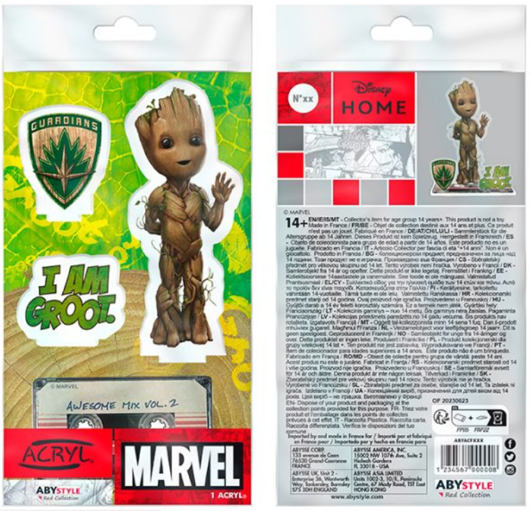 Image showing the front and back packaging of a Baby Groot acrylic stand. The front displays Baby Groot along with the Guardians of the Galaxy emblem and the text 'I AM GROOT', set against a green background with leaf patterns. The bottom section shows a cassette tape labelled 'AWESOME MIX VOL. 2', the Marvel logo, and the text 'ACRYL' by ABYstyle. The back of the packaging provides product information in multiple languages, the Disney Home logo, and a small image of the Baby Groot stand.