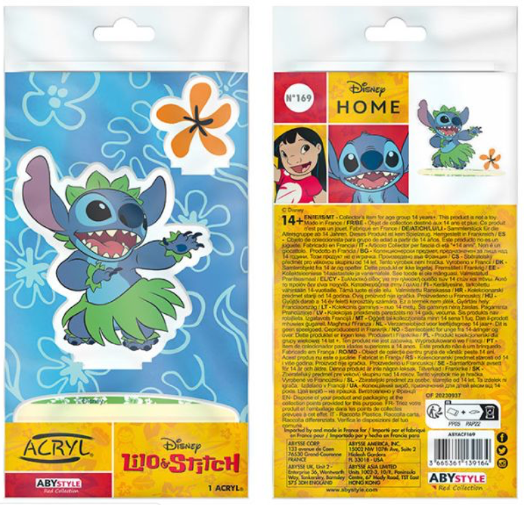 Image showing the front and back packaging of a Stitch acrylic stand. The front displays Stitch dressed in a hula outfit, surrounded by a blue background with white floral patterns and an orange flower. The bottom section shows the 'Lilo & Stitch' logo and the 'ACRYL' logo by ABYstyle. The back of the packaging includes product information in multiple languages, the Disney Home logo, and small images of Lilo and Stitch, along with a picture of the acrylic stand.