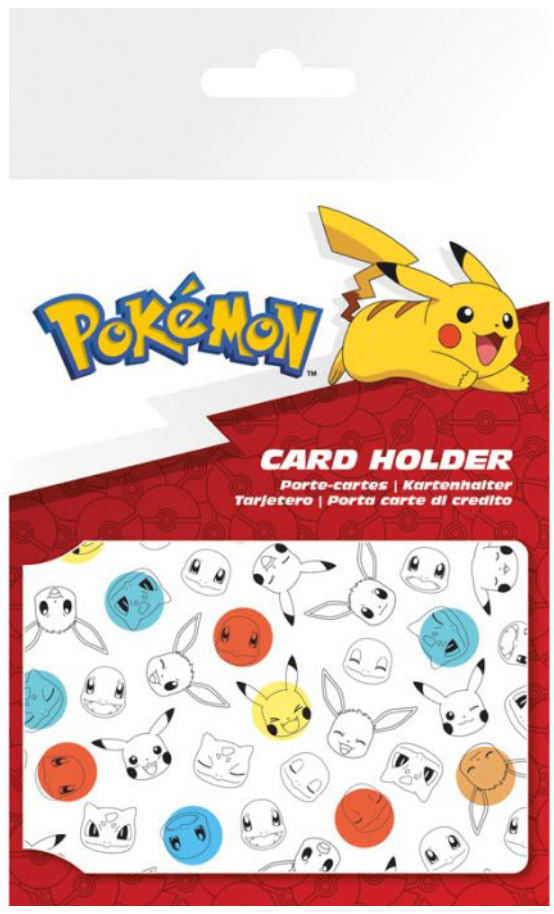 Image of a Pokémon card holder packaging. The packaging features a Pikachu illustration at the top right, with the Pokémon logo in blue and yellow next to it. The text 'CARD HOLDER' is displayed in bold white letters on a red background, along with translations in other languages below. The card holder itself is shown with a pattern of various Pokémon faces, including Pikachu, Eevee, Bulbasaur, Charmander, and Squirtle, with some faces coloured in blue, red, and yellow circles, while others are outlined in 