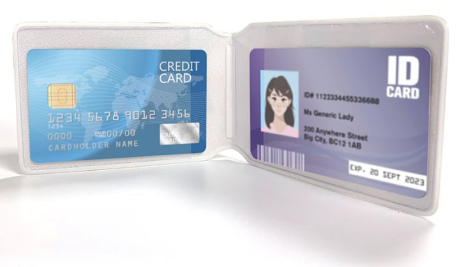 Image of an open card holder displaying a credit card on the left and an ID card on the right. The credit card is blue with a world map design, showing a chip and card number. The ID card is purple, featuring a photo of a generic female face, and includes personal information such as name, address, and ID number. The ID card has an expiry date of 20 Sept 2023