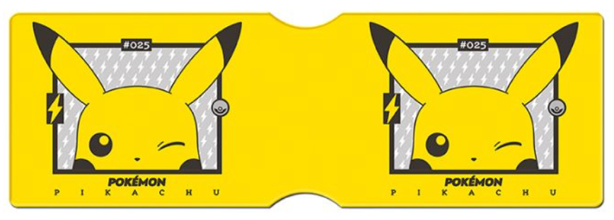 Image of a Pokémon-themed card holder design featuring Pikachu. The card holder is bright yellow with two identical images of Pikachu winking, each placed within a grey and black outlined square. Above each Pikachu image, the text '#025' is displayed, referring to Pikachu's Pokédex number. The background of each square has a pattern of white lightning bolts, and on either side of Pikachu's face, there is a lightning bolt symbol. Below the images, the words 'POKÉMON' and 'PIKACHU' are printed in black.