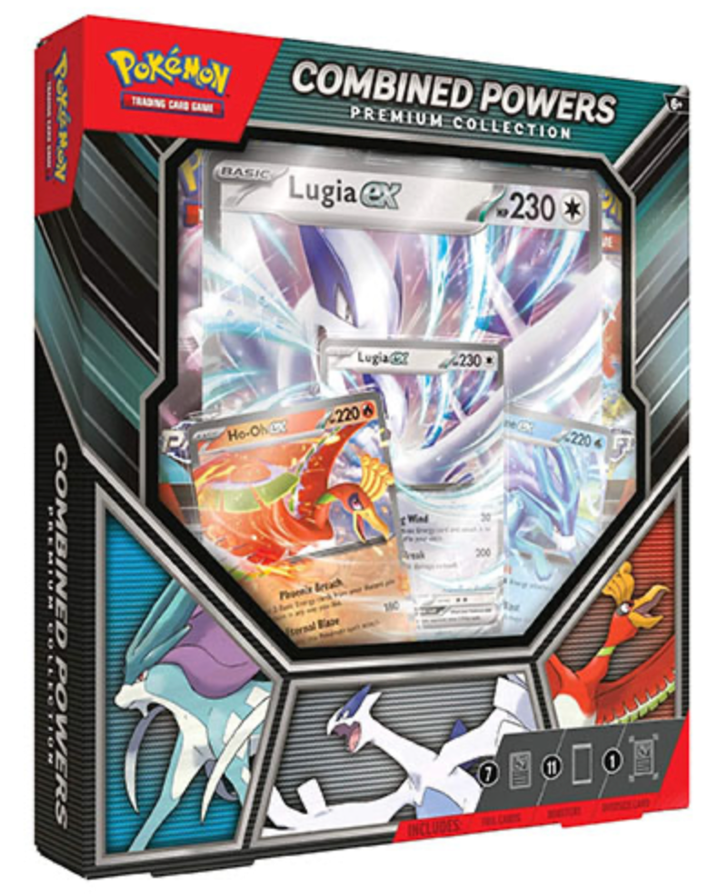 Image of a Pokémon Trading Card Game 'Combined Powers Premium Collection' box. The packaging showcases holographic cards of Lugia EX (with 230 HP) and Ho-Oh GX (with 220 HP), with other visible cards in the background. The front of the box features dynamic artwork of Lugia, Ho-Oh, Suicune, and other legendary Pokémon. The Pokémon logo and the title 'Combined Powers Premium Collection' are displayed at the top. The box also highlights the contents, which include 11 booster packs and foil cards.