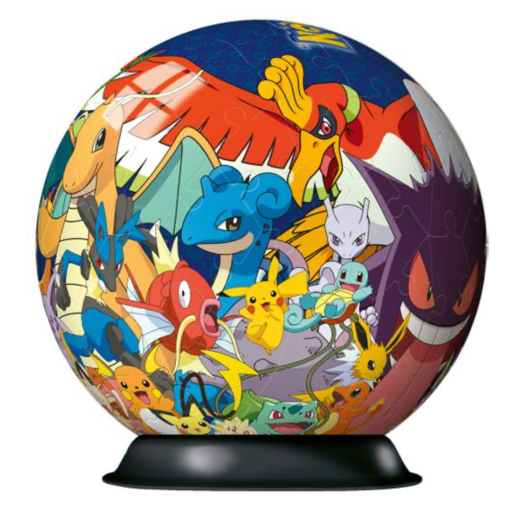 Image of a completed Pokémon 3D puzzle sphere mounted on a black stand. The sphere features a variety of Pokémon characters, including Charizard, Ho-Oh, Pikachu, Mewtwo, Gengar, and others, all depicted in a vibrant, colorful design. The Pokémon are arranged in a dynamic collage, creating a lively scene across the surface of the globe.