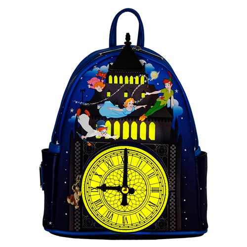 Loungefly Disney Peter Pan Glow Clock Mini Backpack glowing in the dark
