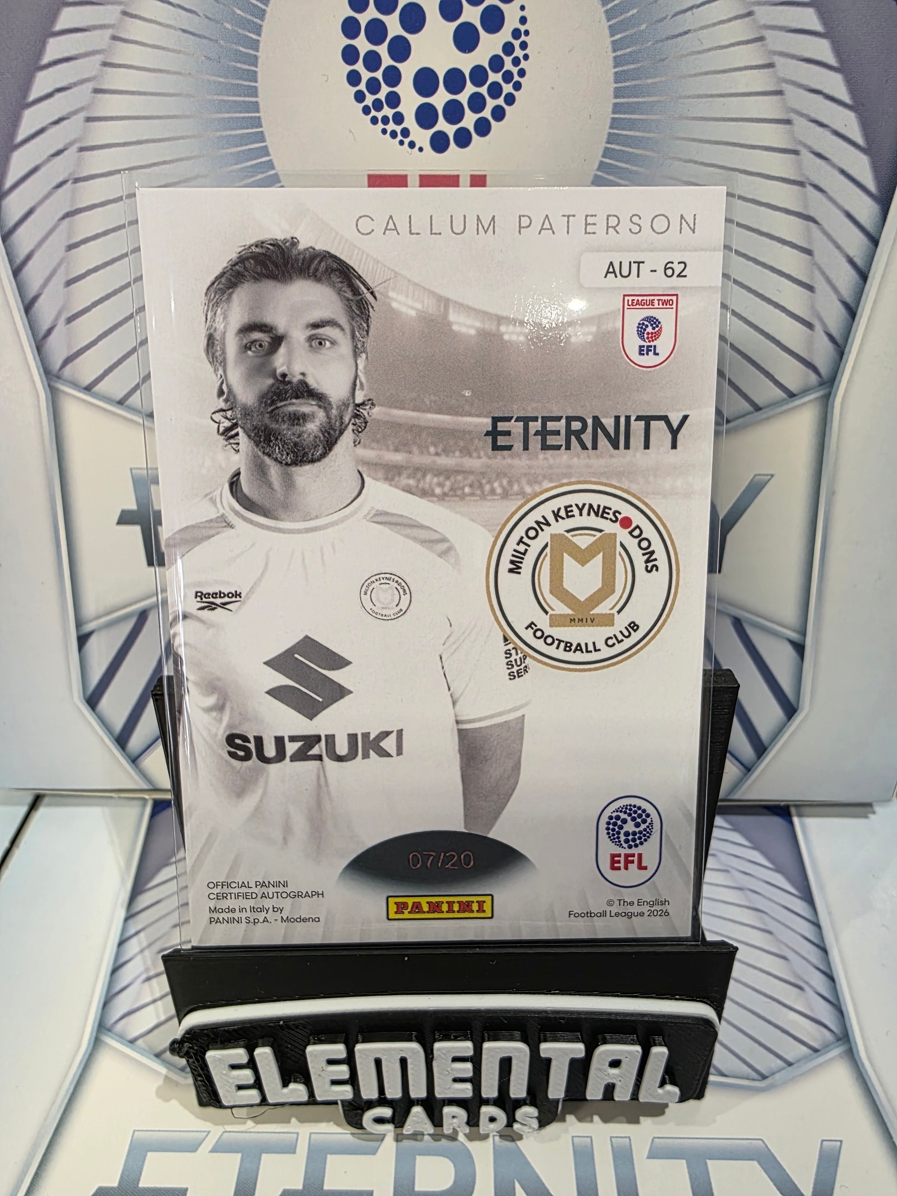 Panini: EFL Eternity Callum Paterson Auto 07/20 MK Dons FC Pack Fresh Print Error