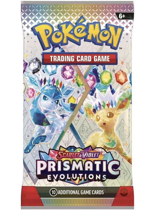 Pokémon Trading Card Game Prismatic Evolutions packaging with two Pokémon illustrations on a white background.