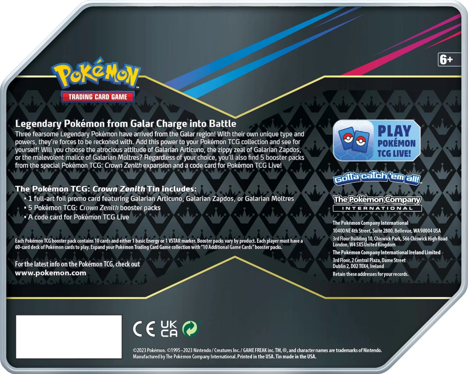 Pokemon TCG: Crown Zenith 5 Pack Tin (Random Artwork)